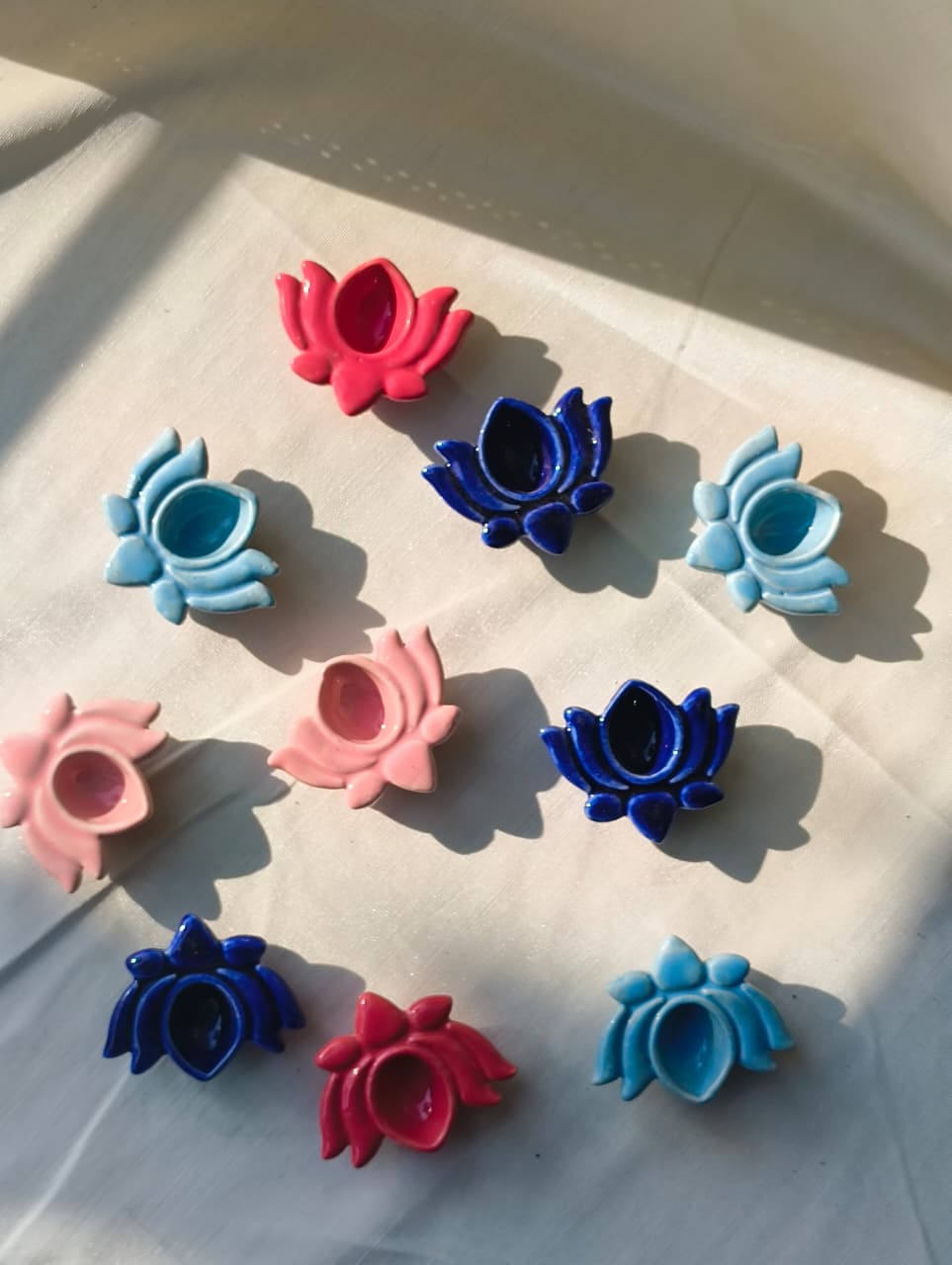 Box of 10 Ceramic Lotus Diyas – Mixed Colors, Handcrafted