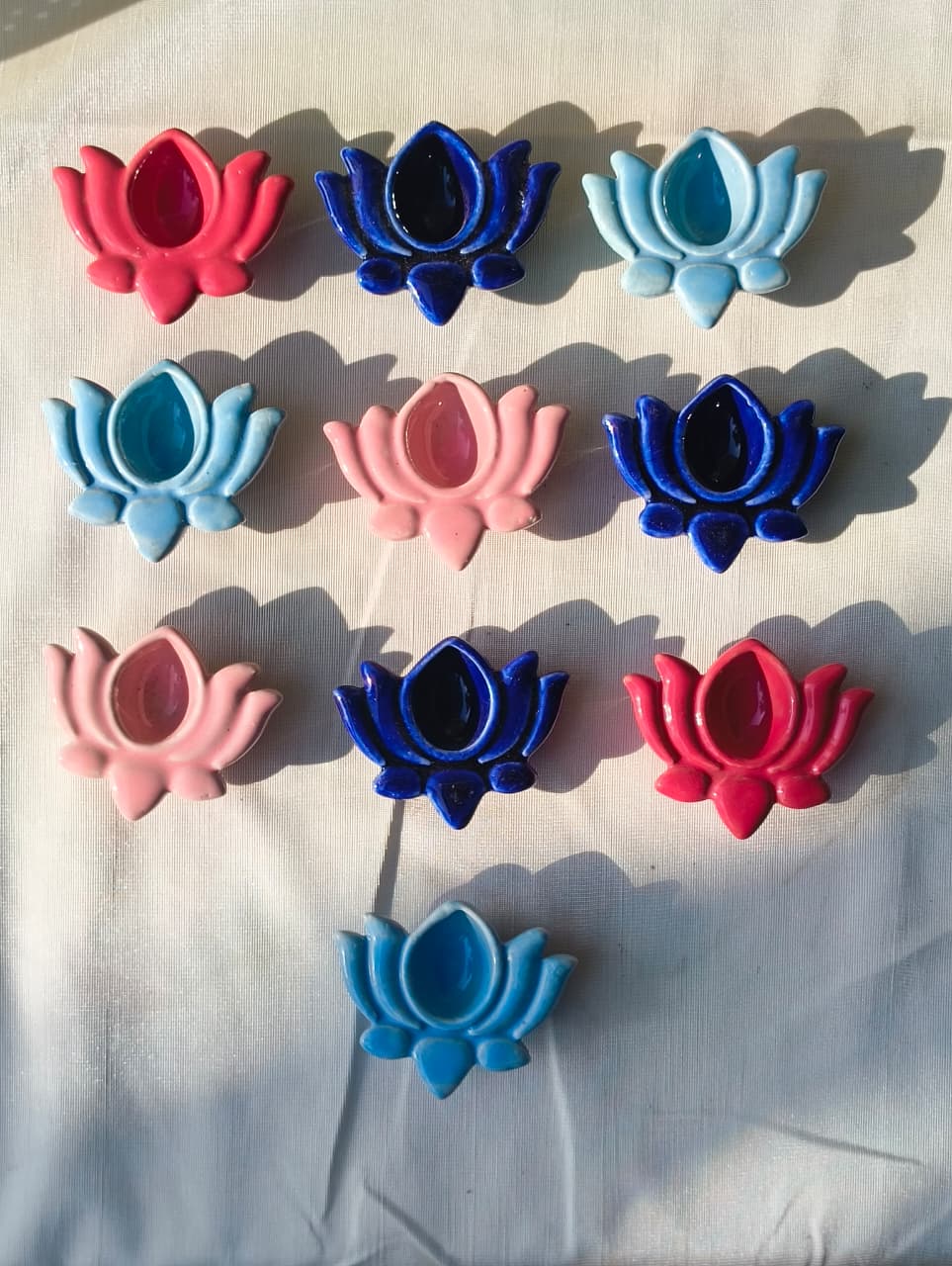 Box of 10 Ceramic Lotus Diyas – Mixed Colors, Handcrafted
