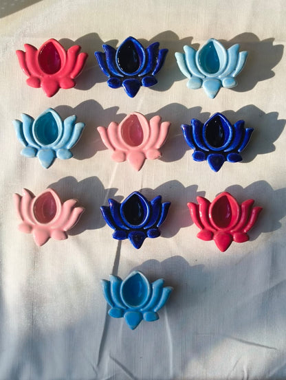 Box of 10 Ceramic Lotus Diyas – Mixed Colors, Handcrafted