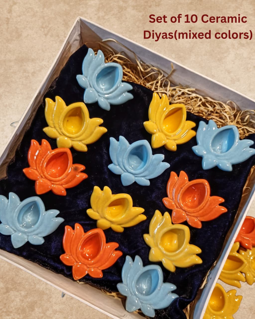 Box of 10 Ceramic Lotus Diyas – Mixed Colors, Handcrafted