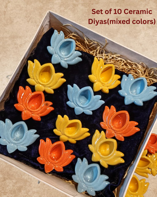 Box of 10 Ceramic Lotus Diyas – Mixed Colors, Handcrafted